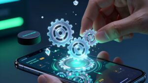 Руки настраивают голографический механизм над смартфоном, раскрывая секреты работы приложения Мелбет Android 2026